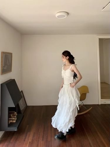 Plain Ruffle Trim Slim Fit Tank Top / Elastic Waist Asymmetrical Midi A-Line Skirt