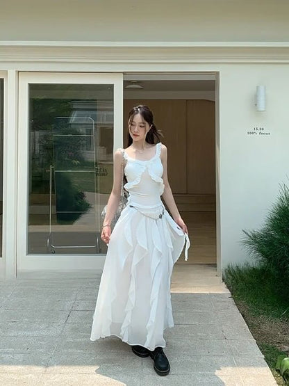 Plain Ruffle Trim Slim Fit Tank Top / Elastic Waist Asymmetrical Midi A-Line Skirt