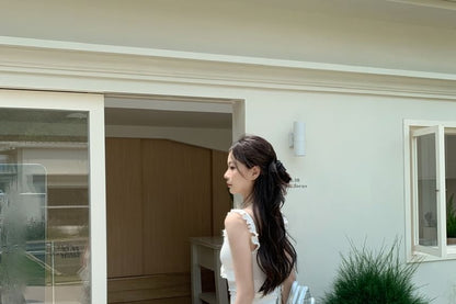 Plain Ruffle Trim Slim Fit Tank Top / Elastic Waist Asymmetrical Midi A-Line Skirt