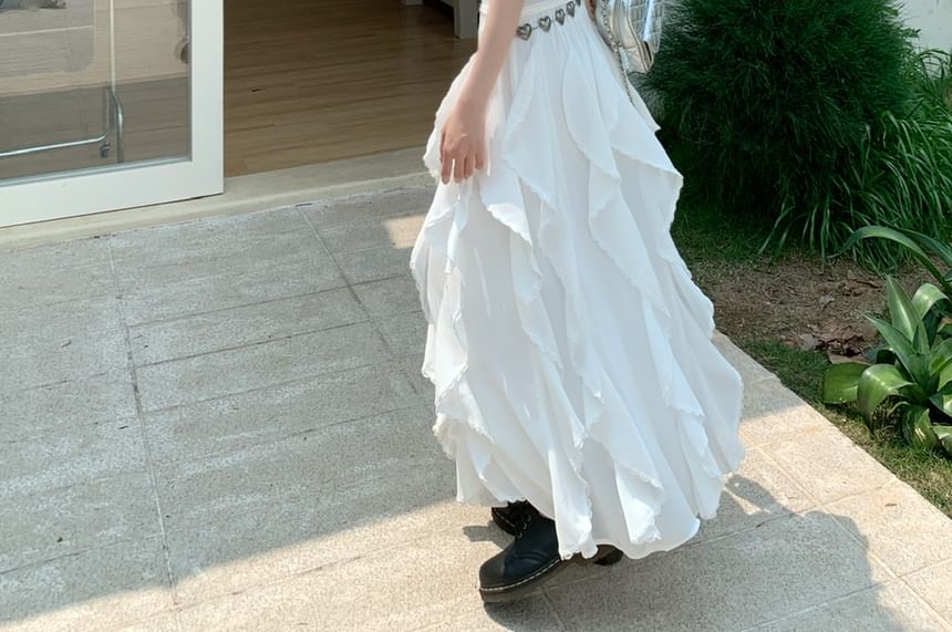 Plain Ruffle Trim Slim Fit Tank Top / Elastic Waist Asymmetrical Midi A-Line Skirt