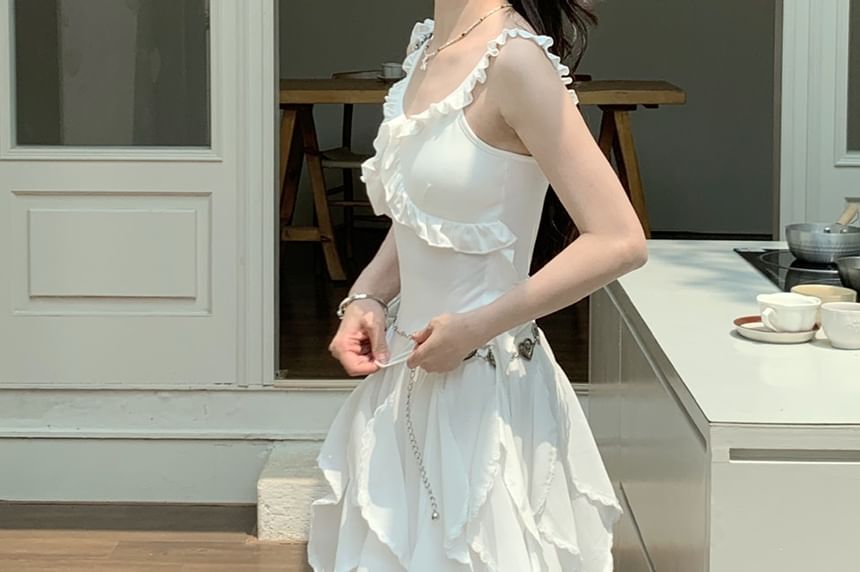 Plain Ruffle Trim Slim Fit Tank Top / Elastic Waist Asymmetrical Midi A-Line Skirt