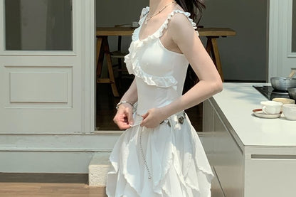 Plain Ruffle Trim Slim Fit Tank Top / Elastic Waist Asymmetrical Midi A-Line Skirt