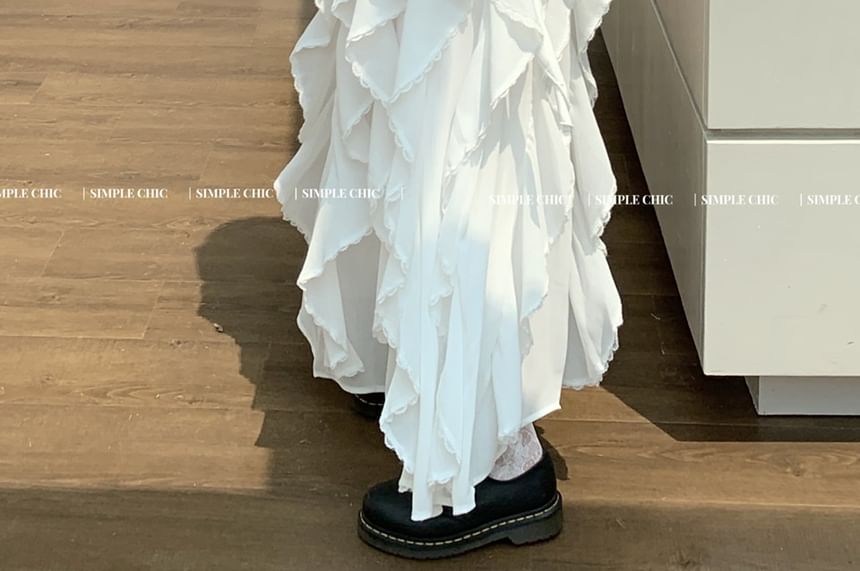 Plain Ruffle Trim Slim Fit Tank Top / Elastic Waist Asymmetrical Midi A-Line Skirt