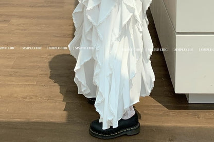 Plain Ruffle Trim Slim Fit Tank Top / Elastic Waist Asymmetrical Midi A-Line Skirt