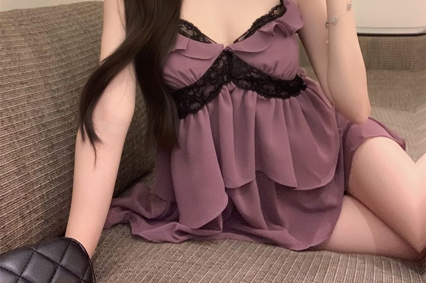 Ruffle Trim Lace Panel Flowy Cami Top