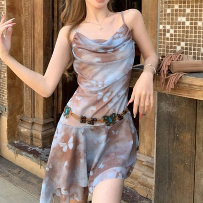 Spaghetti Strap Cowl Neck Butterfly Print Asymmetrical Mini A-Line Dress