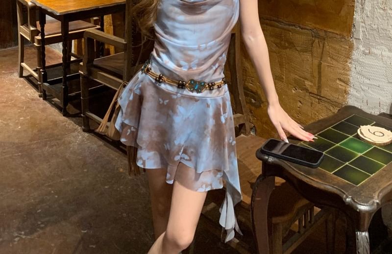 Spaghetti Strap Cowl Neck Butterfly Print Asymmetrical Mini A-Line Dress