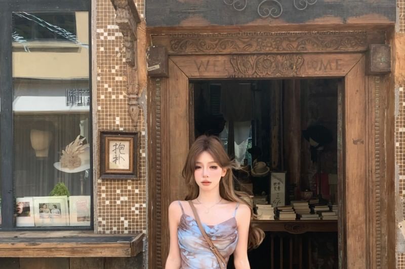 Spaghetti Strap Cowl Neck Butterfly Print Asymmetrical Mini A-Line Dress