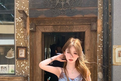 Spaghetti Strap Cowl Neck Butterfly Print Asymmetrical Mini A-Line Dress