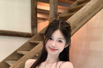 V-Neck Bow Lace Trim Slim Fit Tank Top