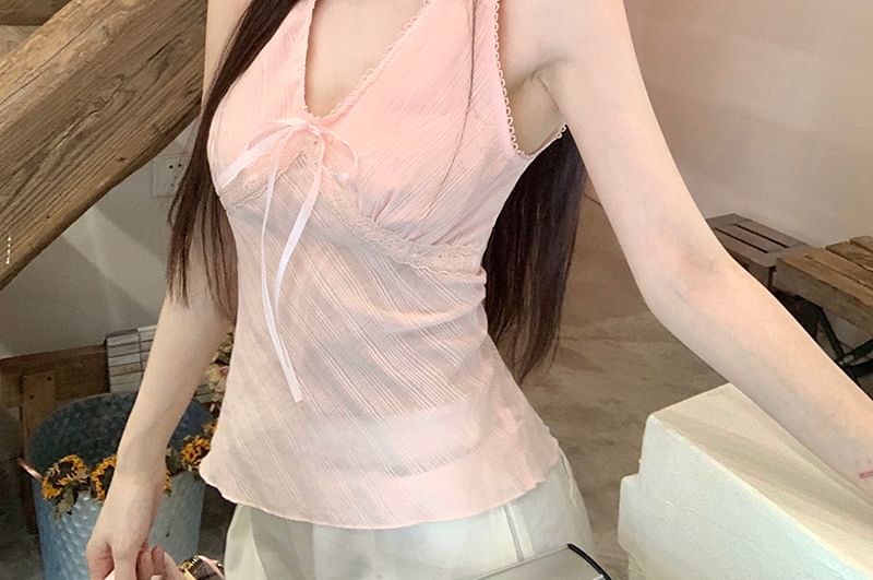 V-Neck Bow Lace Trim Slim Fit Tank Top