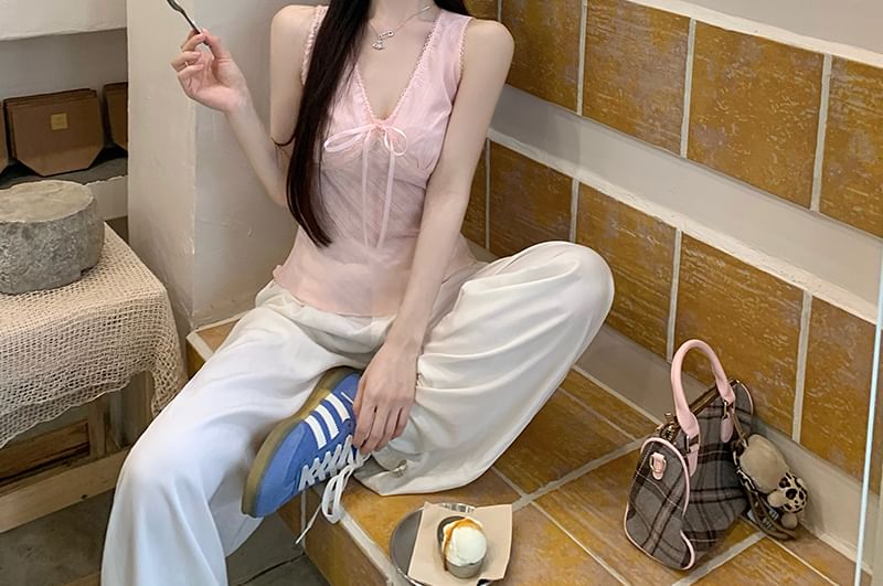 V-Neck Bow Lace Trim Slim Fit Tank Top