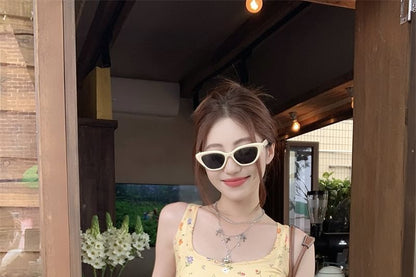 Square Neck Floral Asymmetrical Ruffle Trim Slim Fit Tank Top