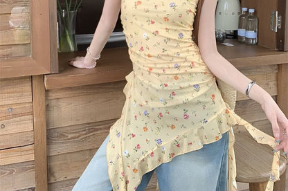 Square Neck Floral Asymmetrical Ruffle Trim Slim Fit Tank Top