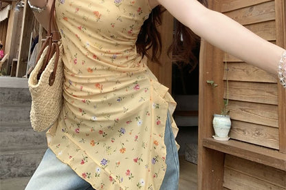 Square Neck Floral Asymmetrical Ruffle Trim Slim Fit Tank Top