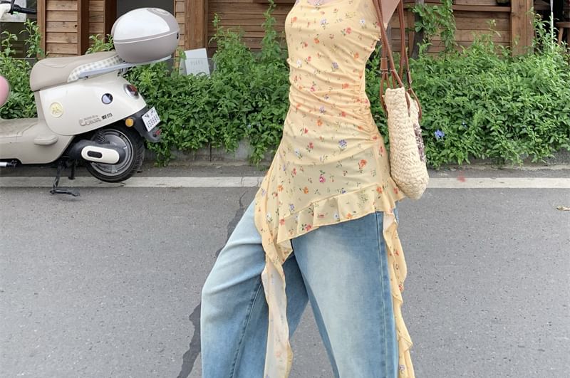 Square Neck Floral Asymmetrical Ruffle Trim Slim Fit Tank Top