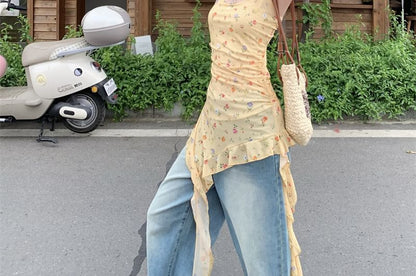 Square Neck Floral Asymmetrical Ruffle Trim Slim Fit Tank Top