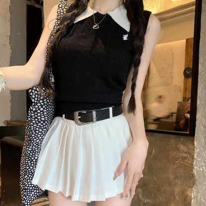 Contrast Collar Knit Tank Top / High Waist Plain Pleated Mini A-Line Skirt