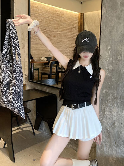 Contrast Collar Knit Tank Top / High Waist Plain Pleated Mini A-Line Skirt