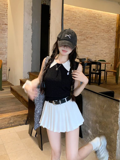 Contrast Collar Knit Tank Top / High Waist Plain Pleated Mini A-Line Skirt