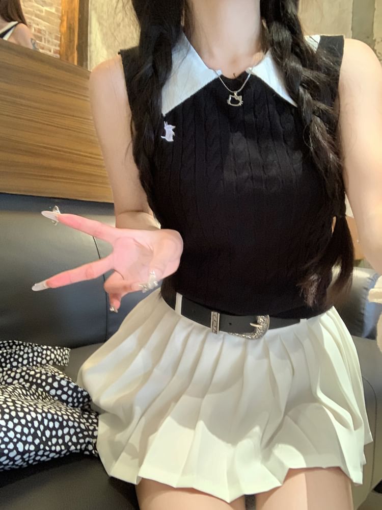 Contrast Collar Knit Tank Top / High Waist Plain Pleated Mini A-Line Skirt