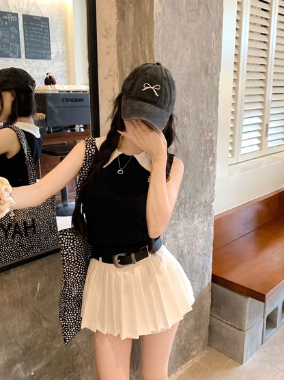 Contrast Collar Knit Tank Top / High Waist Plain Pleated Mini A-Line Skirt