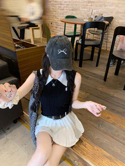 Contrast Collar Knit Tank Top / High Waist Plain Pleated Mini A-Line Skirt