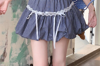 Short-Sleeve Scoop Neck Plain Slim Fit Tee / Elastic Waist Plaid Bow Lace Trim Bubble Hem Mini A-Line Skirt