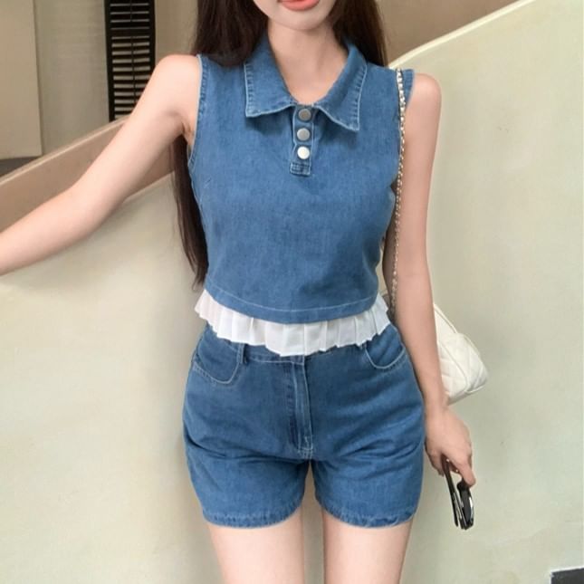 Collar Henley Frill Trim Denim Crop Tank Top / High Waist Denim Shorts
