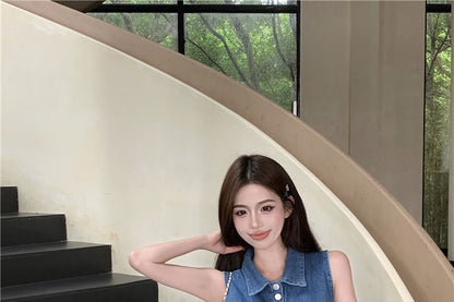 Collar Henley Frill Trim Denim Crop Tank Top / High Waist Denim Shorts