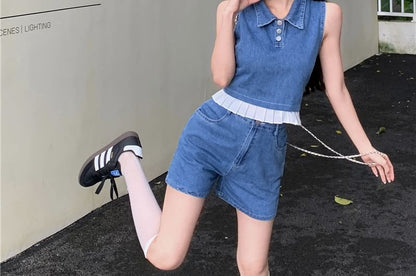 Collar Henley Frill Trim Denim Crop Tank Top / High Waist Denim Shorts