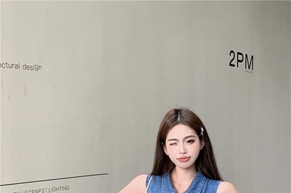 Collar Henley Frill Trim Denim Crop Tank Top / High Waist Denim Shorts