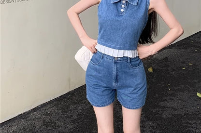 Collar Henley Frill Trim Denim Crop Tank Top / High Waist Denim Shorts