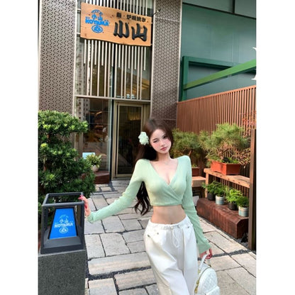 Long-Sleeve V-Neck Plain Ribbed Knit Crop Top / Drawstring Waist Wide Leg Cargo Pants