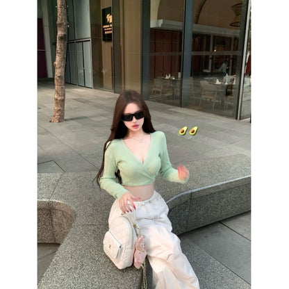 Long-Sleeve V-Neck Plain Ribbed Knit Crop Top / Drawstring Waist Wide Leg Cargo Pants