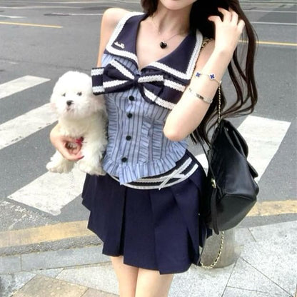 Sleeveless Collar Striped Bow Blouse / High Rise Pleated Mini A-Line Skirt