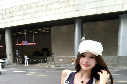 Sleeveless Collar Striped Bow Blouse / High Rise Pleated Mini A-Line Skirt