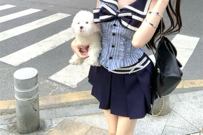 Sleeveless Collar Striped Bow Blouse / High Rise Pleated Mini A-Line Skirt