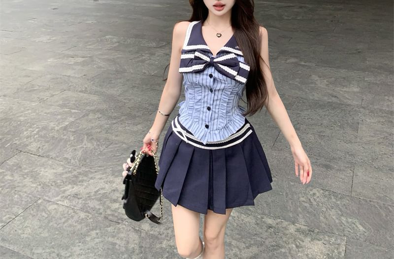 Sleeveless Collar Striped Bow Blouse / High Rise Pleated Mini A-Line Skirt