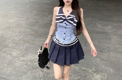 Sleeveless Collar Striped Bow Blouse / High Rise Pleated Mini A-Line Skirt