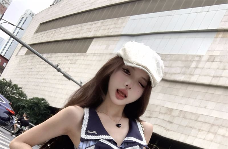 Sleeveless Collar Striped Bow Blouse / High Rise Pleated Mini A-Line Skirt