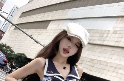 Sleeveless Collar Striped Bow Blouse / High Rise Pleated Mini A-Line Skirt