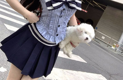 Sleeveless Collar Striped Bow Blouse / High Rise Pleated Mini A-Line Skirt