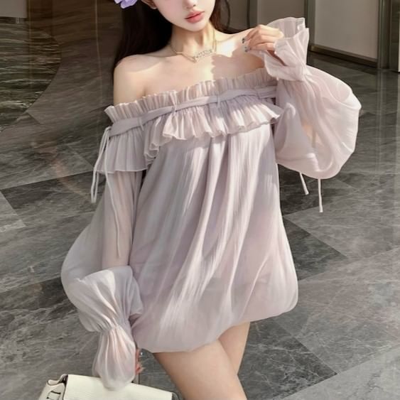 Long-Sleeve Off-Shoulder Plain Ruffle Trim Tunic Blouse