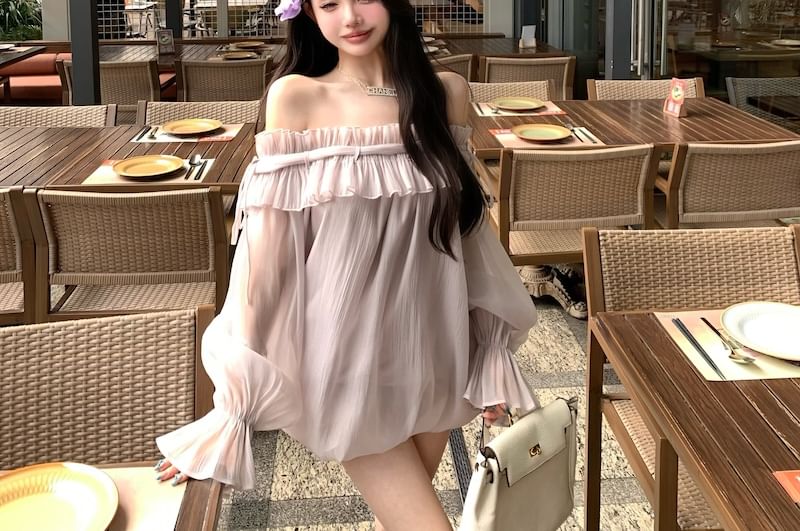 Long-Sleeve Off-Shoulder Plain Ruffle Trim Tunic Blouse