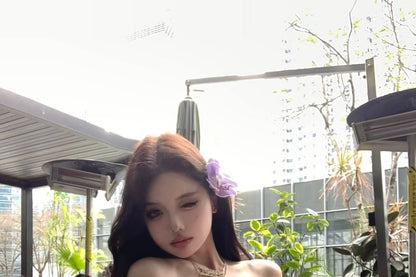 Long-Sleeve Off-Shoulder Plain Ruffle Trim Tunic Blouse