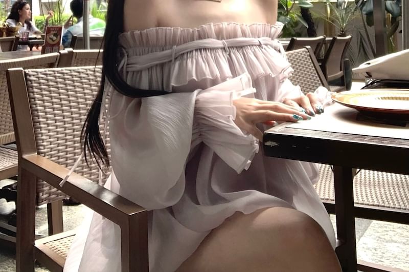 Long-Sleeve Off-Shoulder Plain Ruffle Trim Tunic Blouse