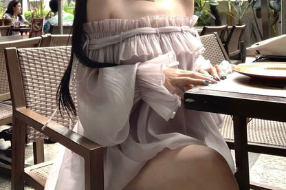 Long-Sleeve Off-Shoulder Plain Ruffle Trim Tunic Blouse