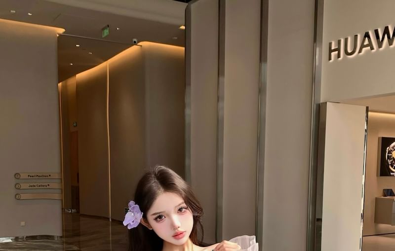 Long-Sleeve Off-Shoulder Plain Ruffle Trim Tunic Blouse