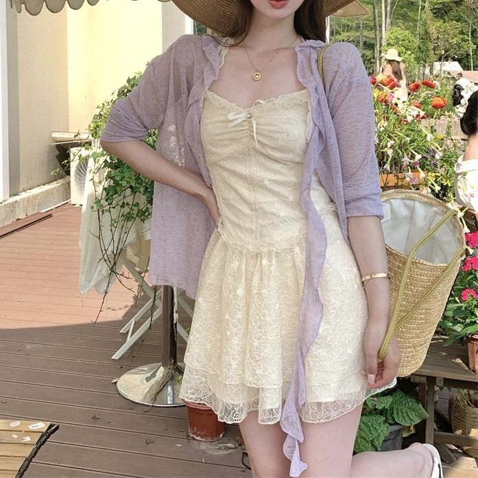 Spaghetti Strap Bow Ruched Lace Panel Mini A-Line Dress / Melange Ruffle Trim Cardigan